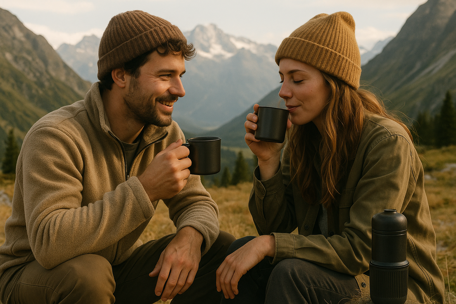 Un hombre con una mujer en medio de la montaña tomandose un cafe con una cafetera portatil al lado , que la cafetera portatil no se vea mucho